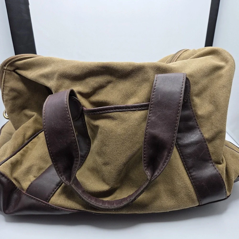 Merona Canvas‎ Duffel Bag Brown Tan Faux Leather Weekender Travel Gym